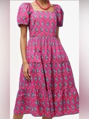 J. Crew Hot Pink Floral Square-Neck Midi Dress